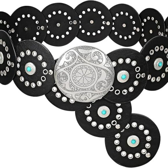 Western Boho Concho Cowgirl Cowboy Disc Belt Turquoise PU Leather Statement